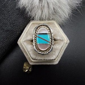 TURQUOISE MOP Ring | Vintage - Native - Sterling | Coral, Jet & Turquoise